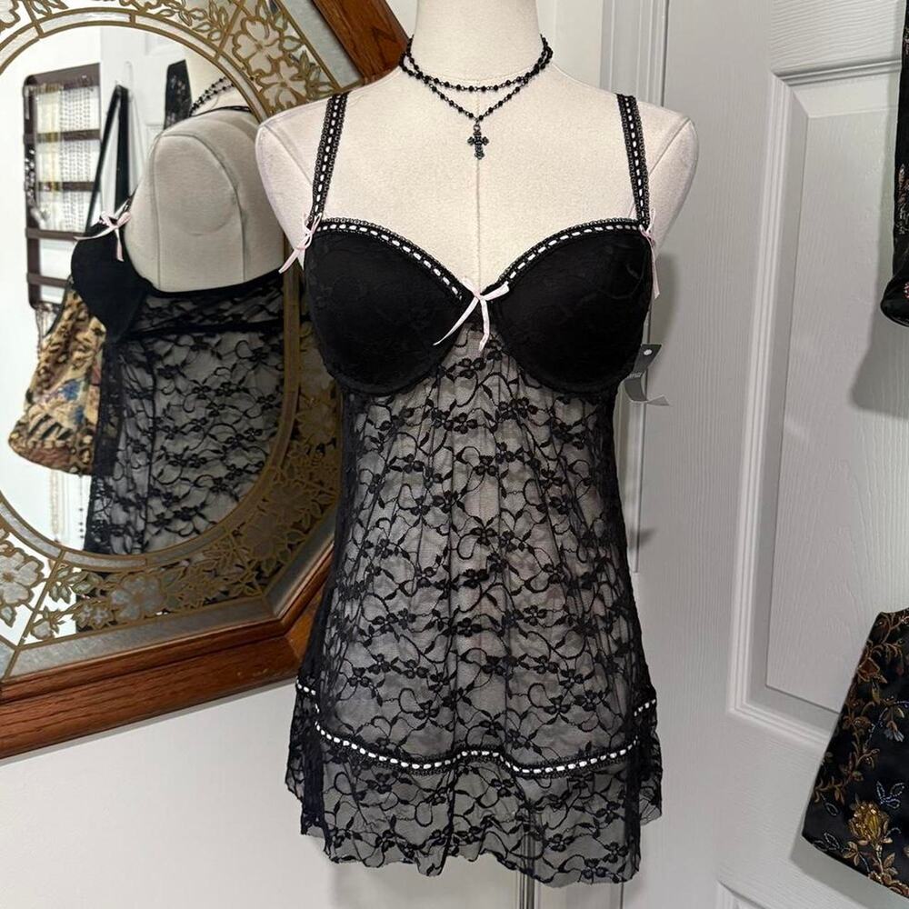 NWT Y2K Rampage Black & Light Pink Sheer Floral Lace Lingerie Mini Slip Dress M
